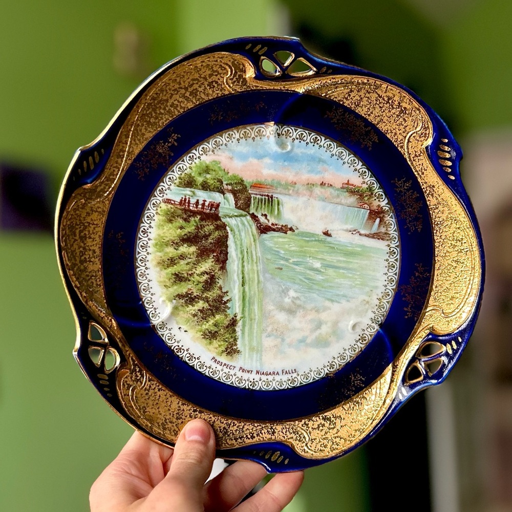 VTG Still Life Niagara Falls Golden Navy Porcelain Nature Plate Decor Art - Picture 6 of 6
